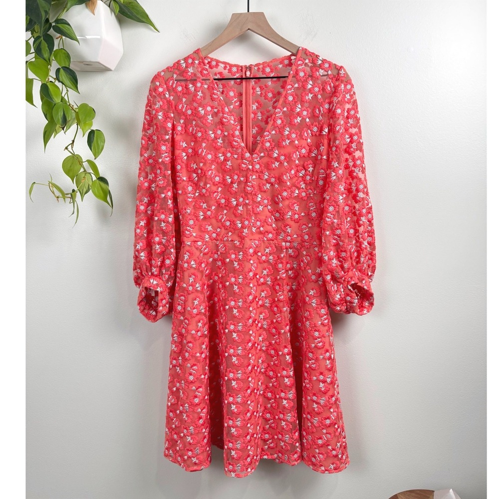 Lela Rose Coral Pink Floral Embroidered Mesh V-Neck Balloon Sleeve Dress Size 8